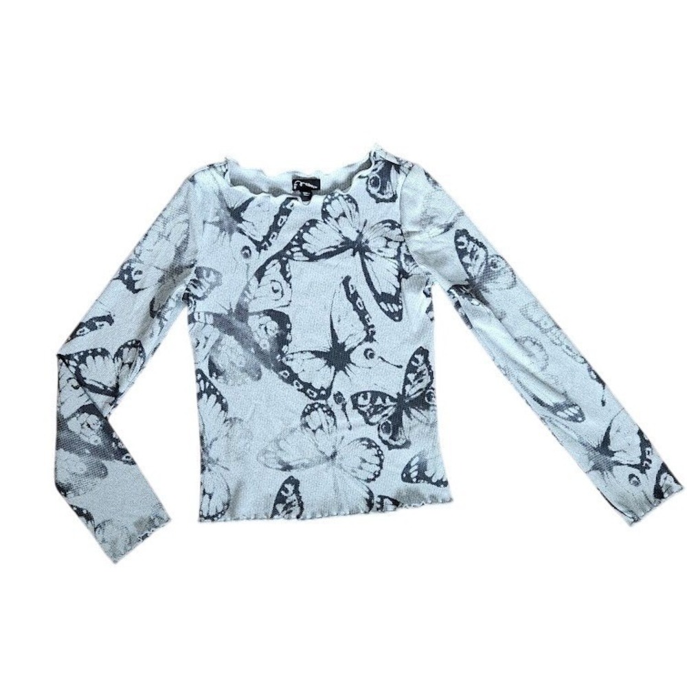 Art Class Girls Gray Butterfly‎ Ribbed Long Sleeve Lettuce Edge Top Size Med 100